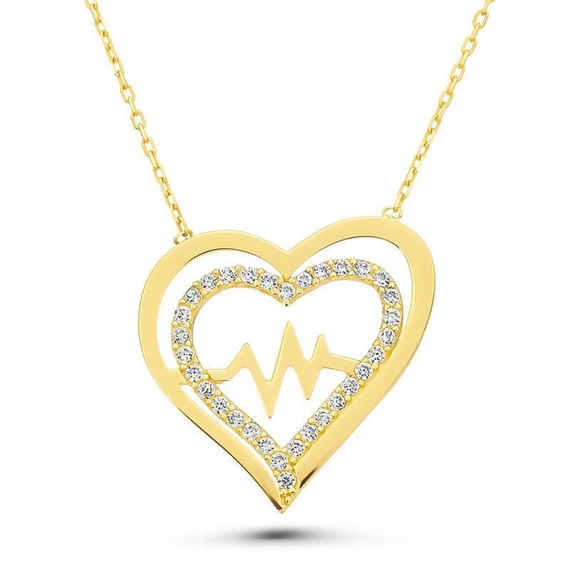 Moom Mücevherat Kadın 14 Ayar Altın Ritimli Kalp Kolye ''45 cm''