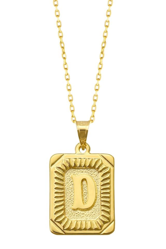 Moom Mücevherat Kadın 14 Ayar Altın Kare Harf Kolye A & Z Harfi Altın Kolye Zincirli Harf Kolye 42 Cm D