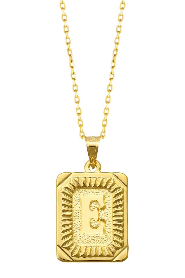 Moom Mücevherat Kadın 14 Ayar Altın Kare Harf Kolye A & Z Harfi Altın Kolye Zincirli Harf Kolye 42 Cm E