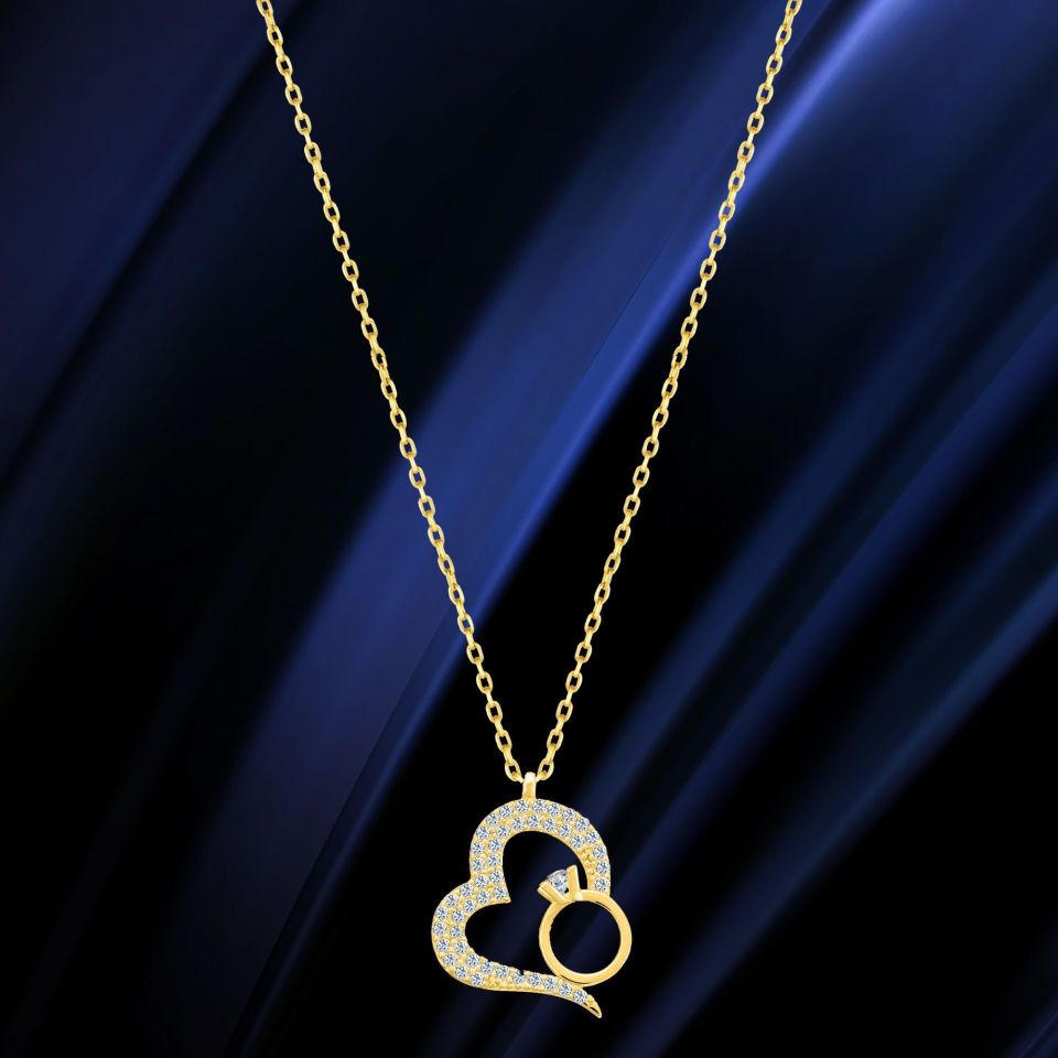 Moom Mücevherat Kadın 14 Ayar Altın Tektaş Kalpli Kolye ''45 cm''