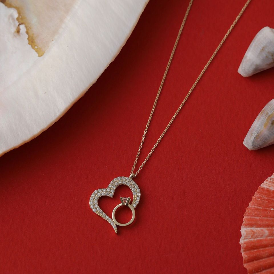 Moom Mücevherat Kadın 14 Ayar Altın Tektaş Kalpli Kolye ''45 cm''