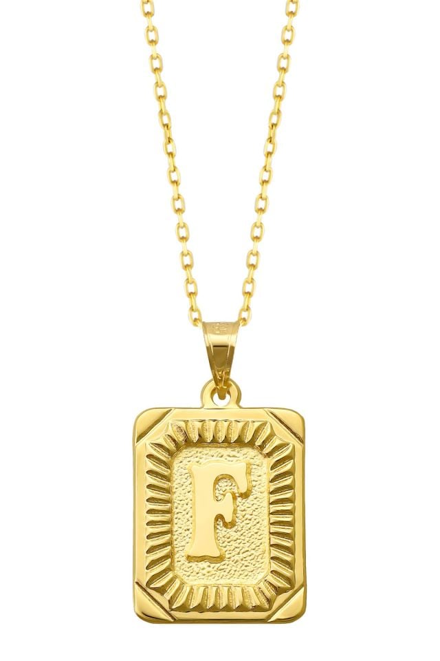 Moom Mücevherat Kadın 14 Ayar Altın Kare Harf Kolye A & Z Harfi Altın Kolye Zincirli Harf Kolye 42 Cm F