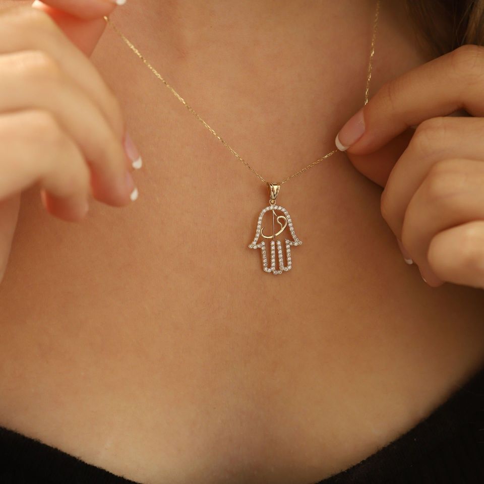 Moom Mücevherat Kadın 14 Ayar Altın Taşlı Fatma Ana Eli Elif Vav Kolye ''45 cm''