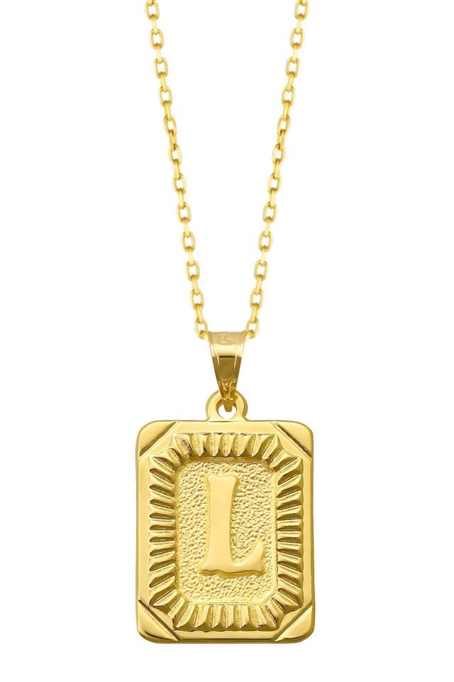 Moom Mücevherat Kadın 14 Ayar Altın Kare Harf Kolye A & Z Harfi Altın Kolye Zincirli Harf Kolye 42 Cm L