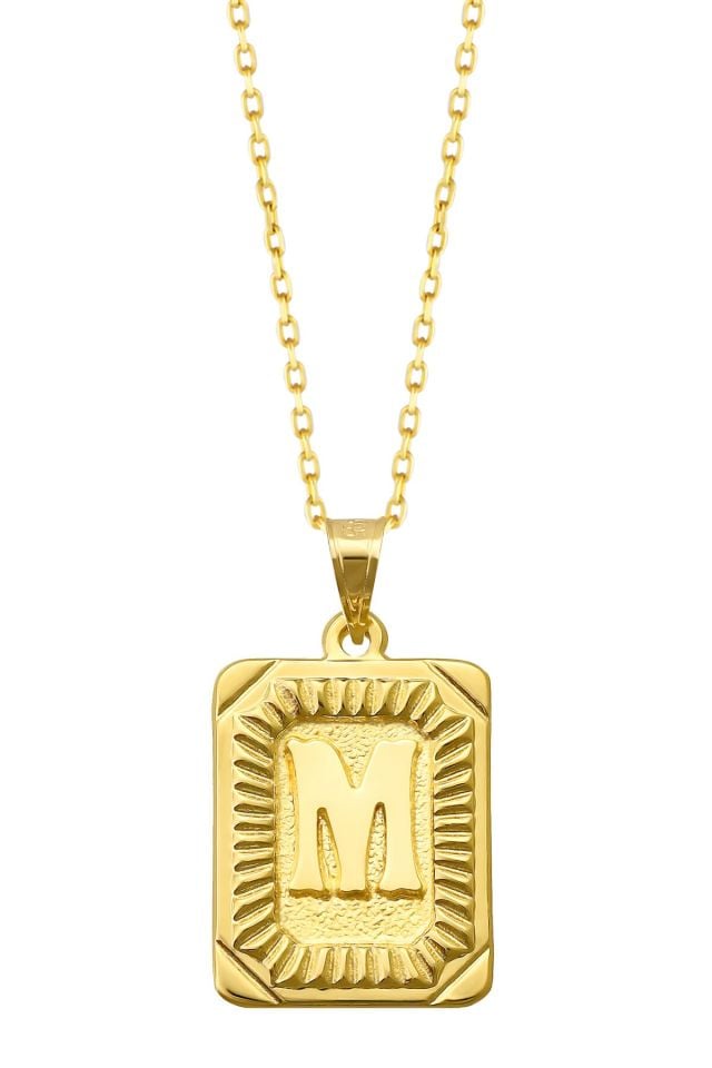 Moom Mücevherat Kadın 14 Ayar Altın Kare Harf Kolye A & Z Harfi Altın Kolye Zincirli Harf Kolye 42 Cm M